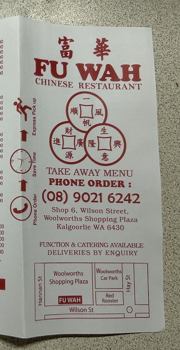 Fu Wah's printed takeaway menu